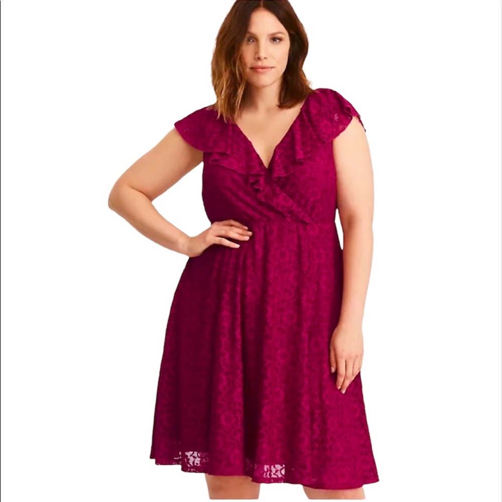 🆕 Torrid 2 2X 18 20 lace berry burgundy dress ruffle surplice collar NWT!